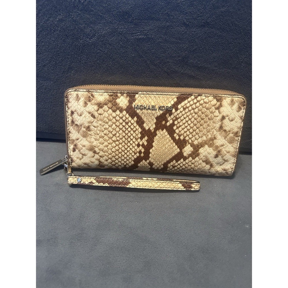 Michael Kors Brown Snakeskin Python Print Zip Around Wristlet Wallet Leather
